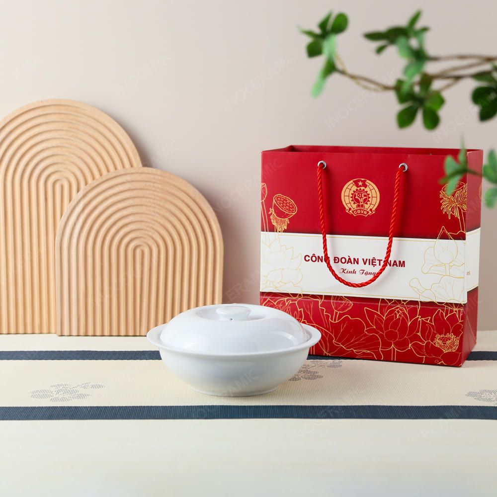 Quà tặng Công đoàn - Liễn (thố) cơm sứ trắng in logo