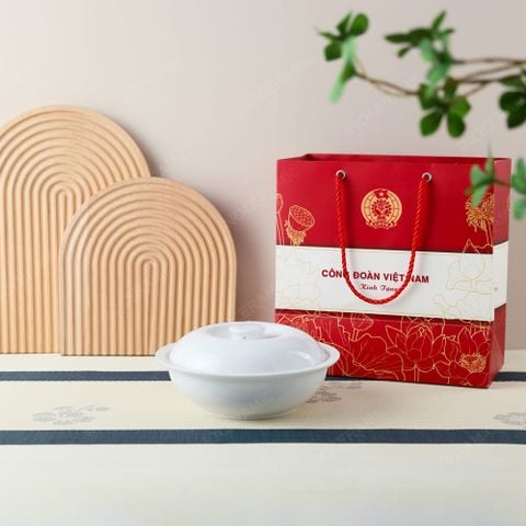 Quà tặng Công đoàn - Liễn (thố) cơm sứ trắng in logo