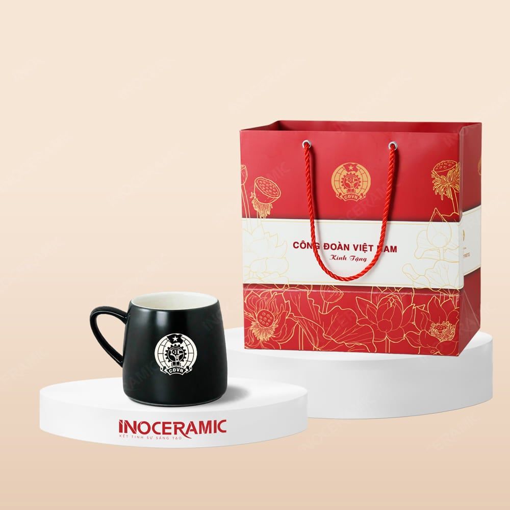 Quà tặng Công đoàn - Ly sứ quai C lùn men bóng in logo