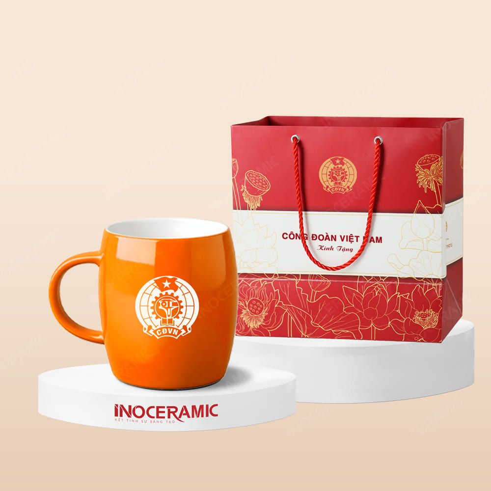 Quà tặng Công đoàn - Ly sứ trứng đại men bóng in logo
