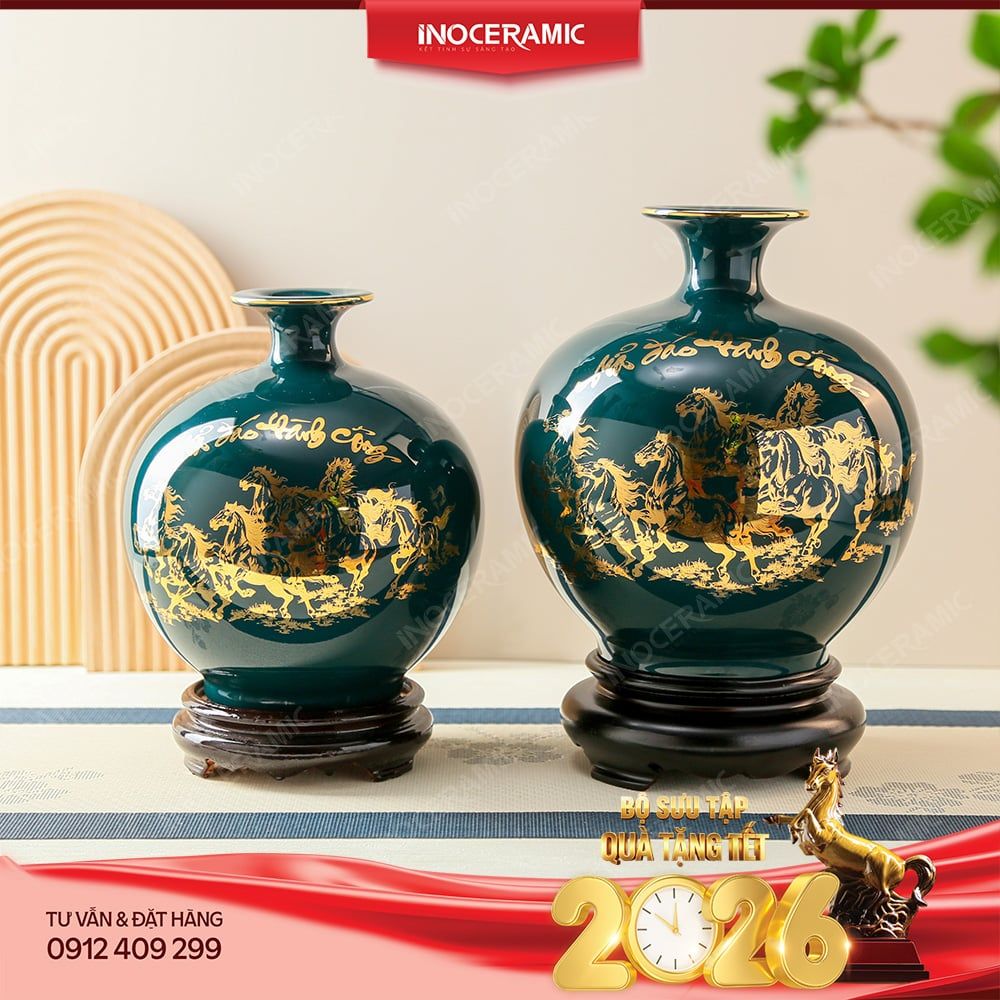 Quà Tết quả hút lộc Mã Đáo Thành Công vẽ vàng gốm sứ Bát Tràng