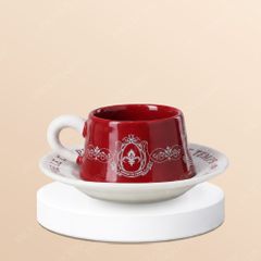 Tách cà phê espresso đỏ trắng họa tiết cổ điển kèm đĩa