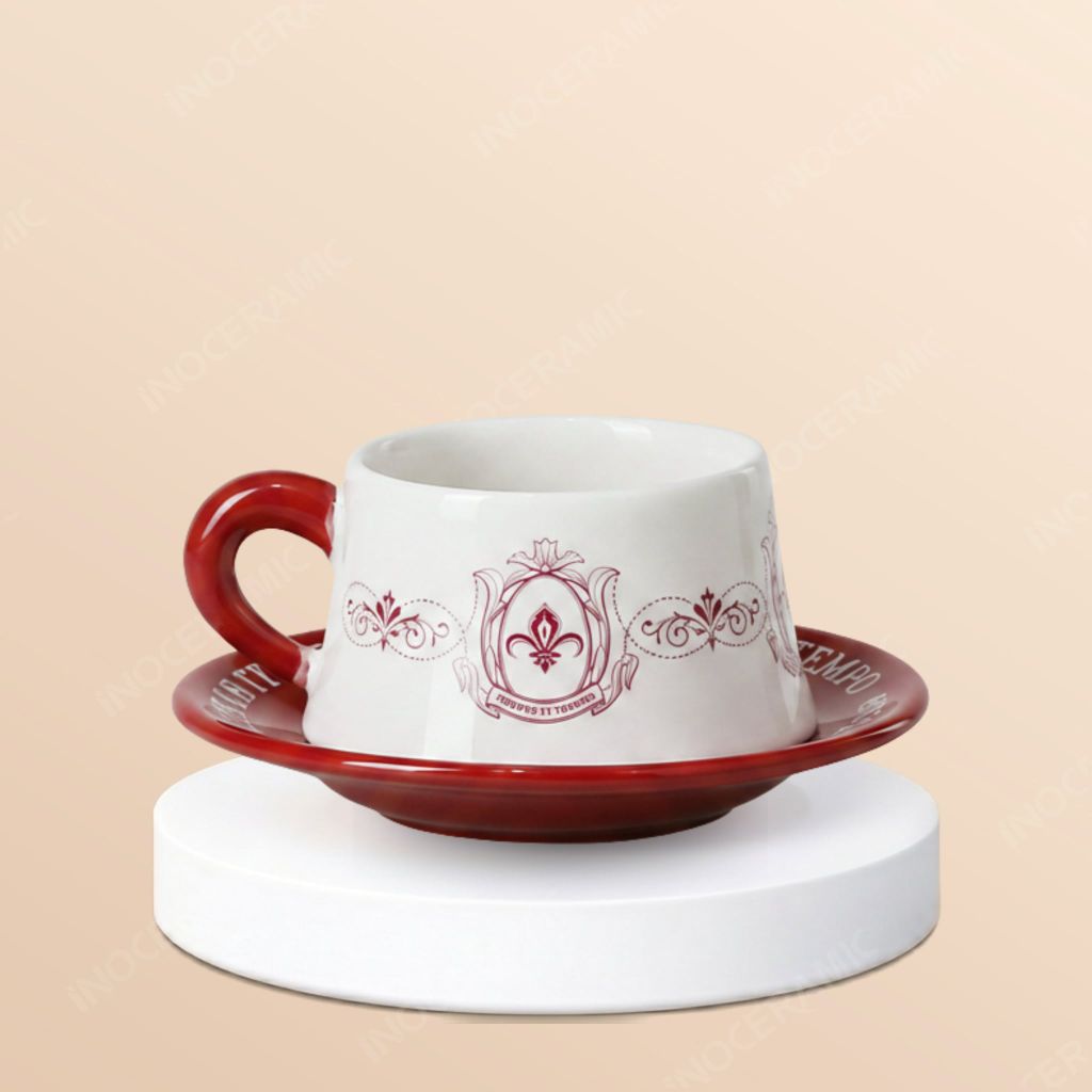 Tách cà phê espresso đỏ trắng họa tiết cổ điển kèm đĩa