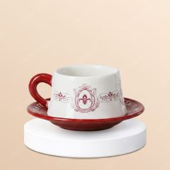 Tách cà phê espresso đỏ trắng họa tiết cổ điển kèm đĩa