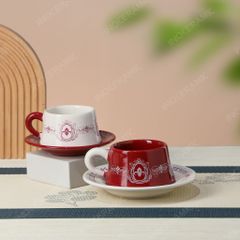Tách cà phê espresso đỏ trắng họa tiết cổ điển kèm đĩa