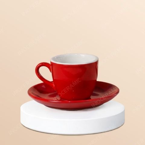 Tách espresso đỏ ruby dáng thấp kèm đĩa lót