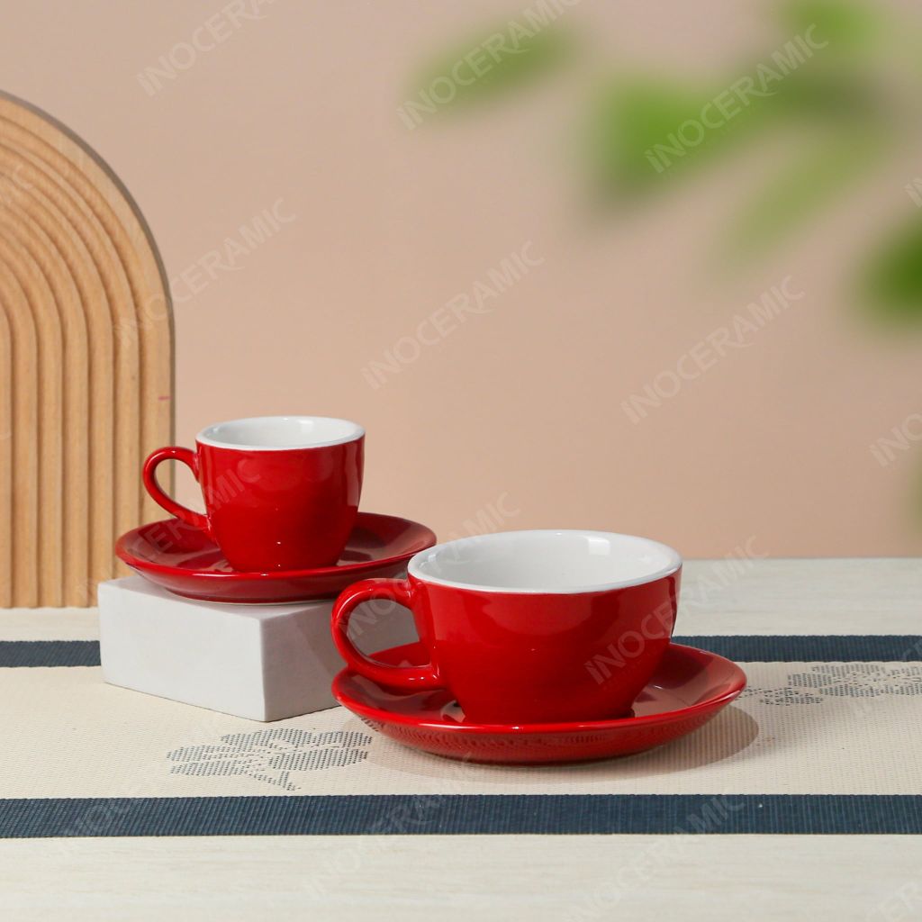 Tách espresso đỏ ruby dáng thấp kèm đĩa lót