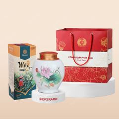 Quà tặng Công đoàn - Giftset hũ trà men trắng sen hồng in logo kèm hộp trà