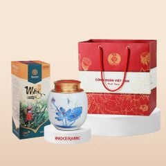 Quà tặng Công đoàn - Giftset hũ trà men trắng sen lam chỉ vàng kèm hộp trà