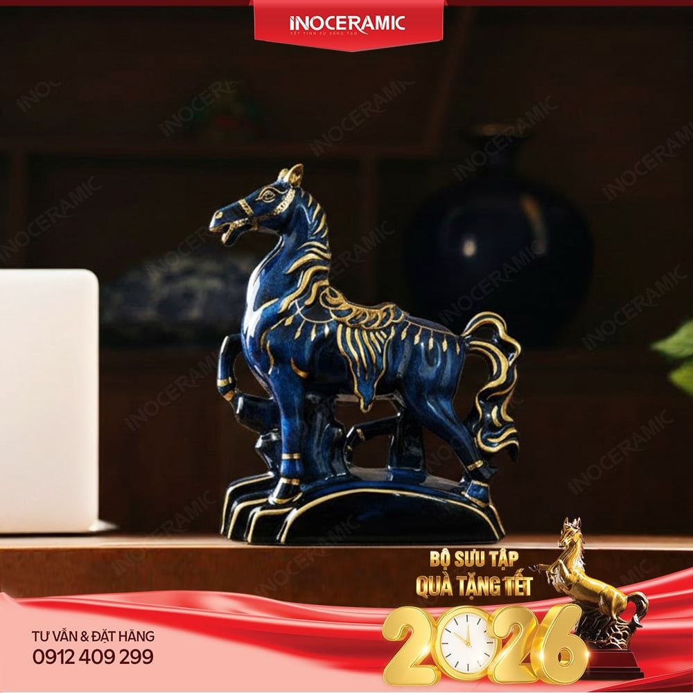 Tượng ngựa Thanh Mã Vân Mao – Linh vật gốm sứ phong thuỷ Tết 2026