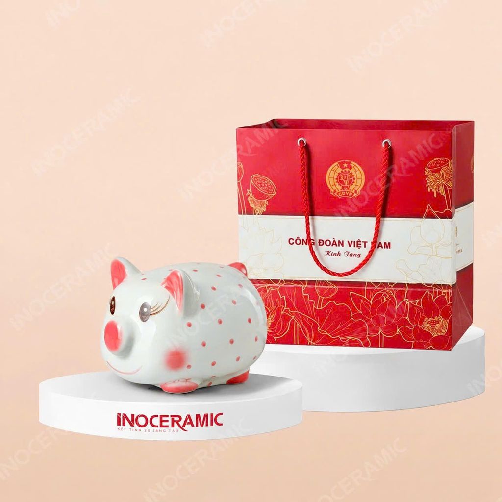 Heo đất trắng chấm bi nhiều màu in logo