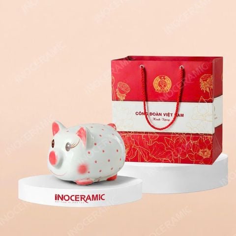 Heo đất trắng chấm bi nhiều màu in logo