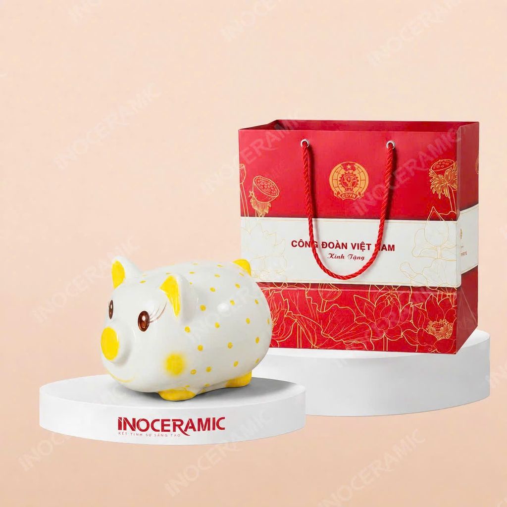 Heo đất trắng chấm bi nhiều màu in logo