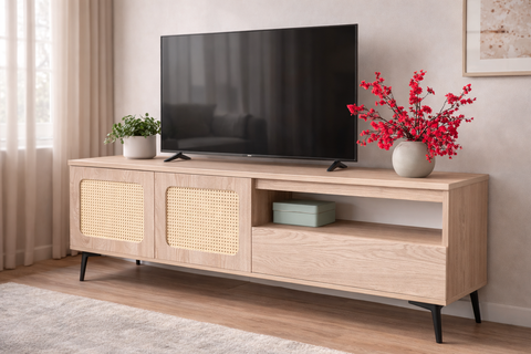  Tủ tivi gỗ kết hợp mây mắt cáo 