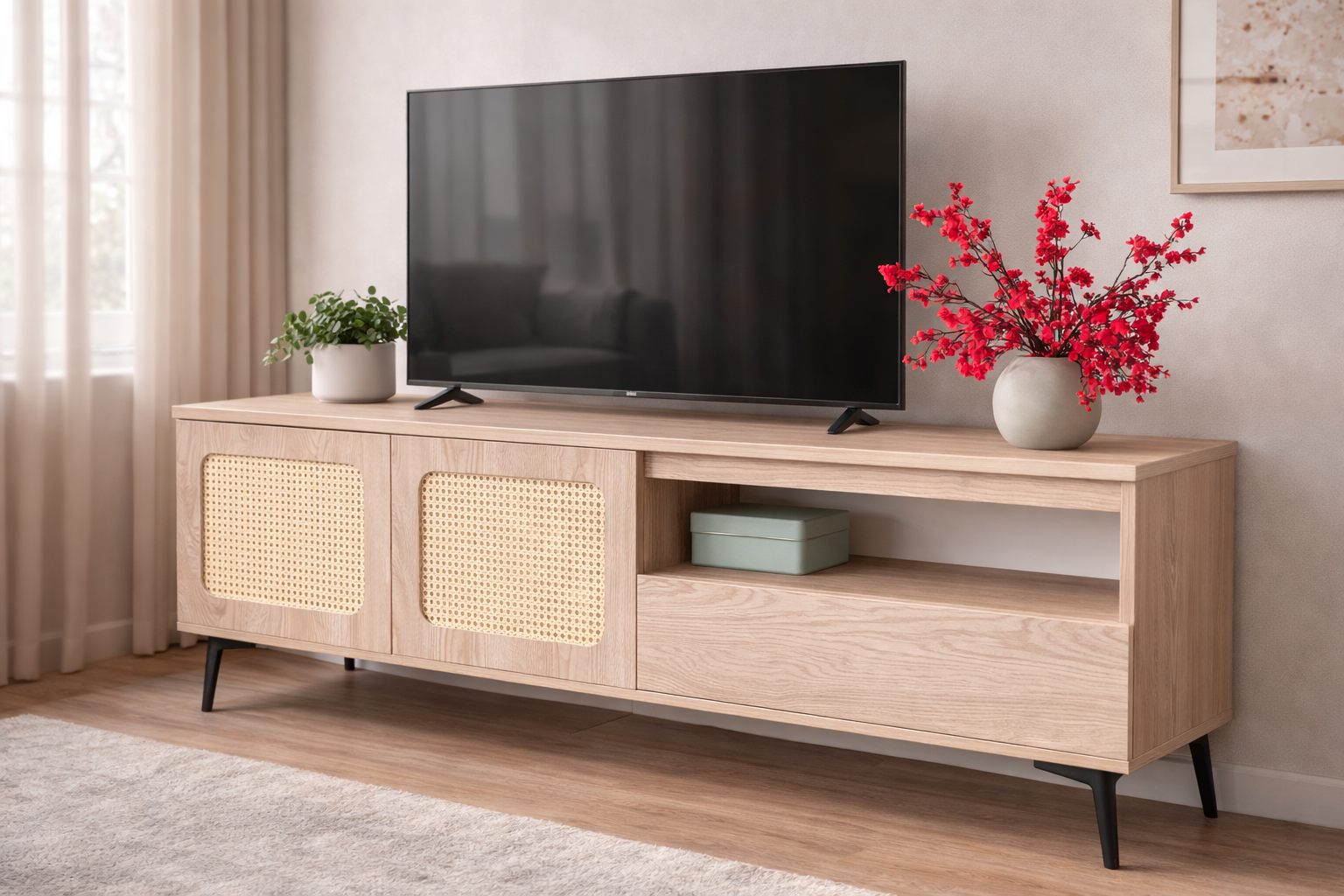 Tủ tivi gỗ kết hợp mây mắt cáo