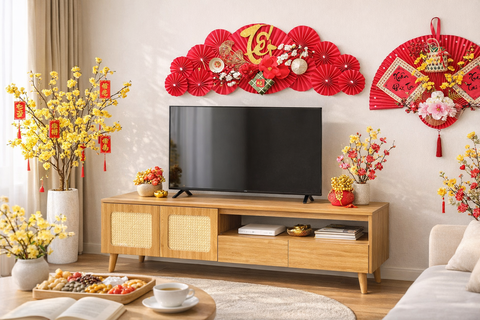  Tủ tivi gỗ kết hợp mây mắt cáo 