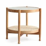  Bàn tròn gỗ tần bì kính trắng, mây mắt cáo D600 x 520 