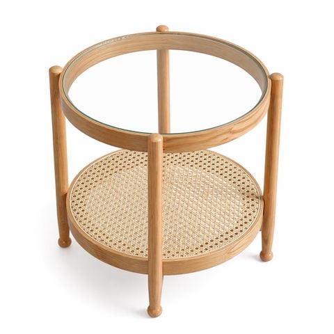  Bàn tròn gỗ tần bì kính trắng, mây mắt cáo D600 x 520 