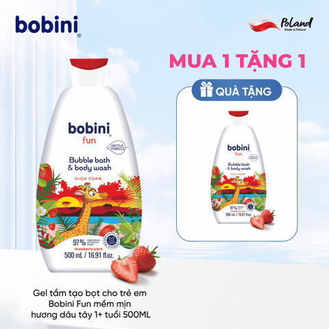 [Mua 1 tặng 1] Gel tắm trẻ em tạo bọt Bobini Fun mềm mịn hương dâu tây 1+ tuổi 500ML