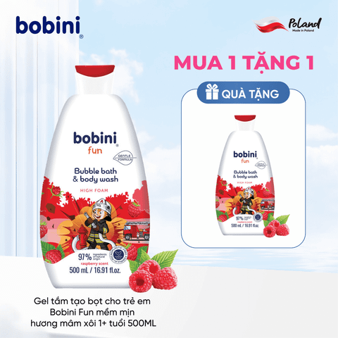 [Mua 1 tặng 1] Gel tắm trẻ em tạo bọt Bobini Fun mềm mịn hương mâm xôi 1+ tuổi 500ML