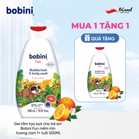 [Mua 1 tặng 1] Gel tắm trẻ em tạo bọt Bobini Fun mềm mịn hương cam chanh 1+ tuổi 500ML
