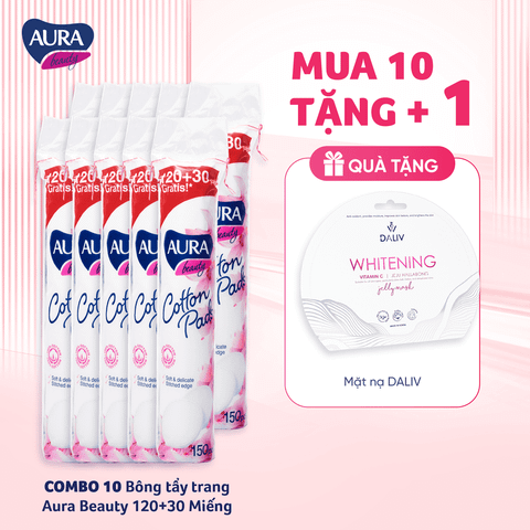 [Mua 10 tặng 1 mặt nạ Daliv] Combo 10 Bông tẩy trang Aura Beauty 120+30 miếng
