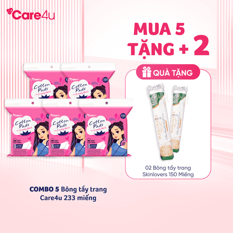 [Tặng 2 BTT Skinlovers 150M] Combo 5 Bông tẩy trang cao cấp Care4u 3 lớp 233 miếng_CARE4165H