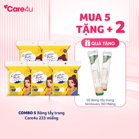 [Tặng 2 BTT Skinlovers 150M] Combo 5 Bông tẩy trang cao cấp Care4u 3 lớp 233 miếng_CARE4165V