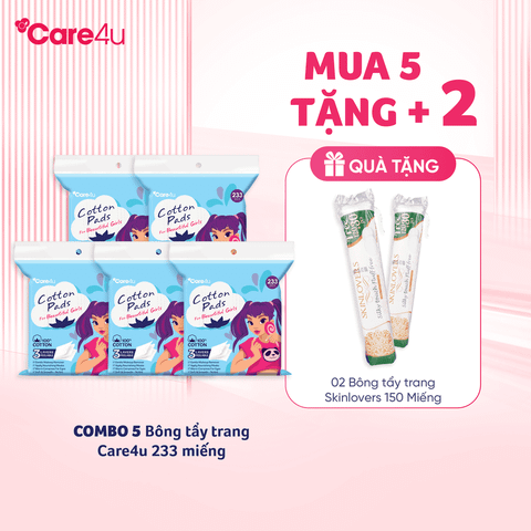 [Tặng 2 BTT Skinlovers 150M] Combo 5 Bông tẩy trang cao cấp Care4u 3 lớp 233 miếng_CARE4165X
