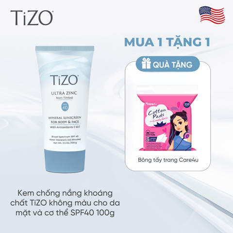[Tặng BTT Care4u] Kem chống nắng khoáng chất TiZO không màu cho da mặt và cơ thể SPF40 100g