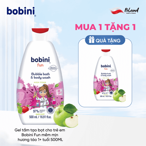 [Mua 1 tặng 1] Gel tắm trẻ em tạo bọt Bobini Fun mềm mịn hương táo 1+ tuổi 500ML