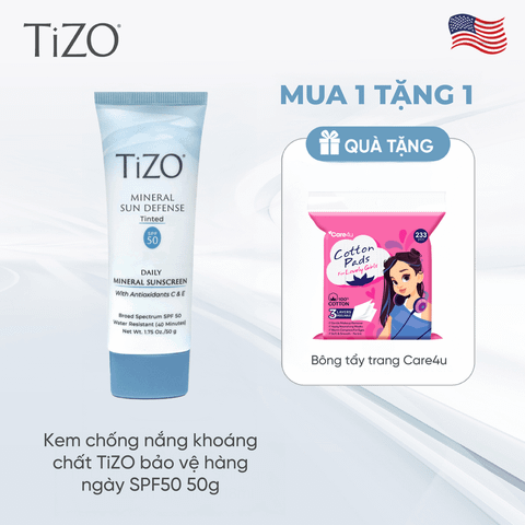 [Tặng BTT Care4u] Kem chống nắng khoáng chất TiZO bảo vệ hàng ngày SPF50 50g