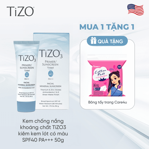 [Tặng BTT Care4u] Kem chống nắng khoáng chất TiZO3 kiêm kem lót có màu SPF40 PA+++ 50g
