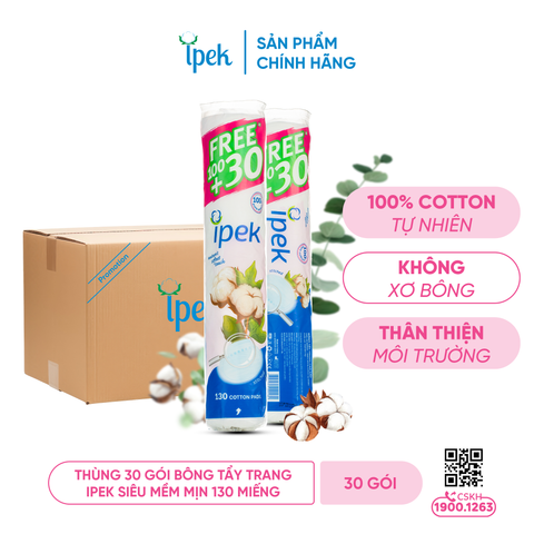 Thùng 30 gói bông tẩy trang Ipek siêu mềm mịn 130 miếng