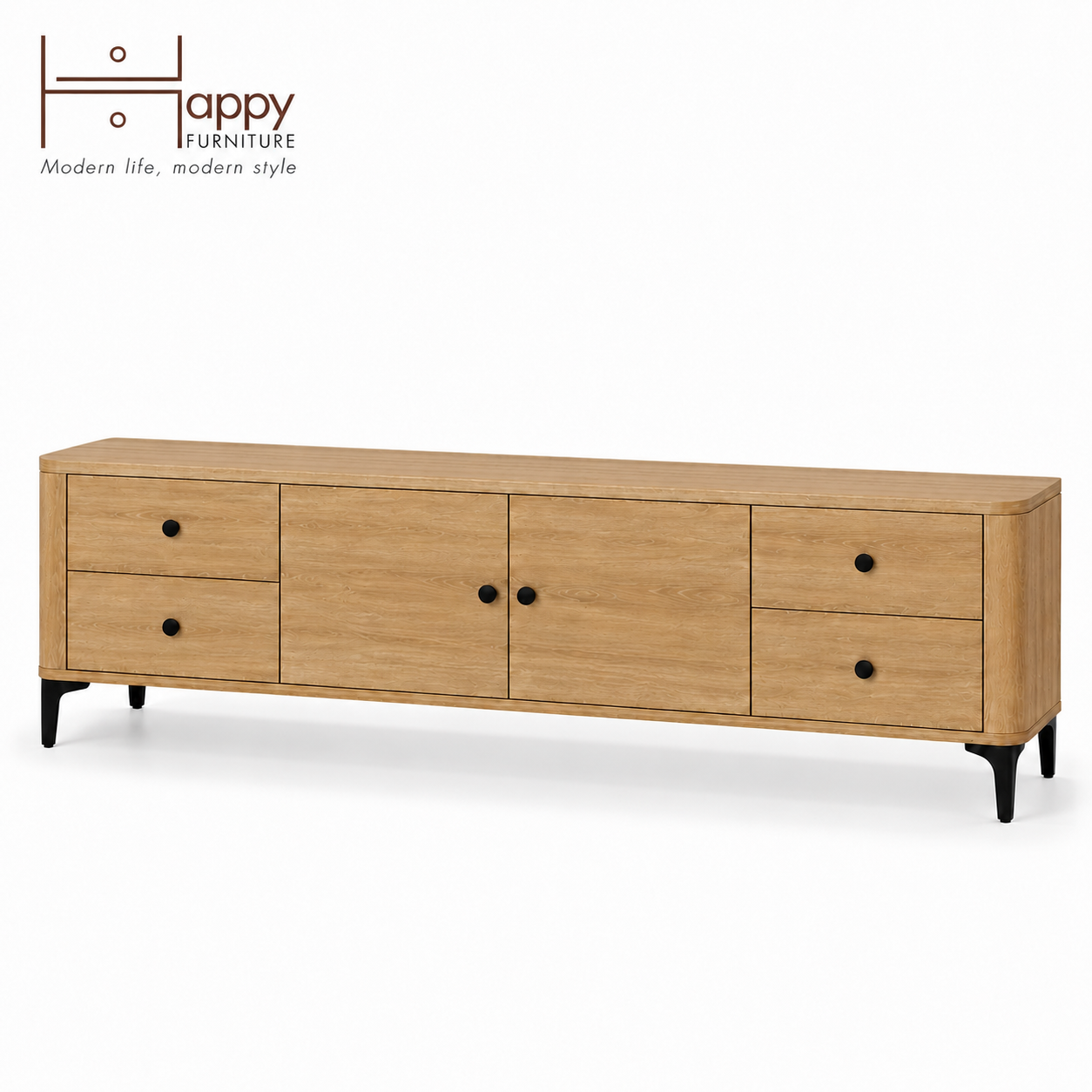  HAPPY FURNITURE , Kệ TV bo cạnh 2 cửa mở 4 ngăn kéo - SMOOTH, KTV_B_001 , 194cm x 40cm x 50cm DxRxC 