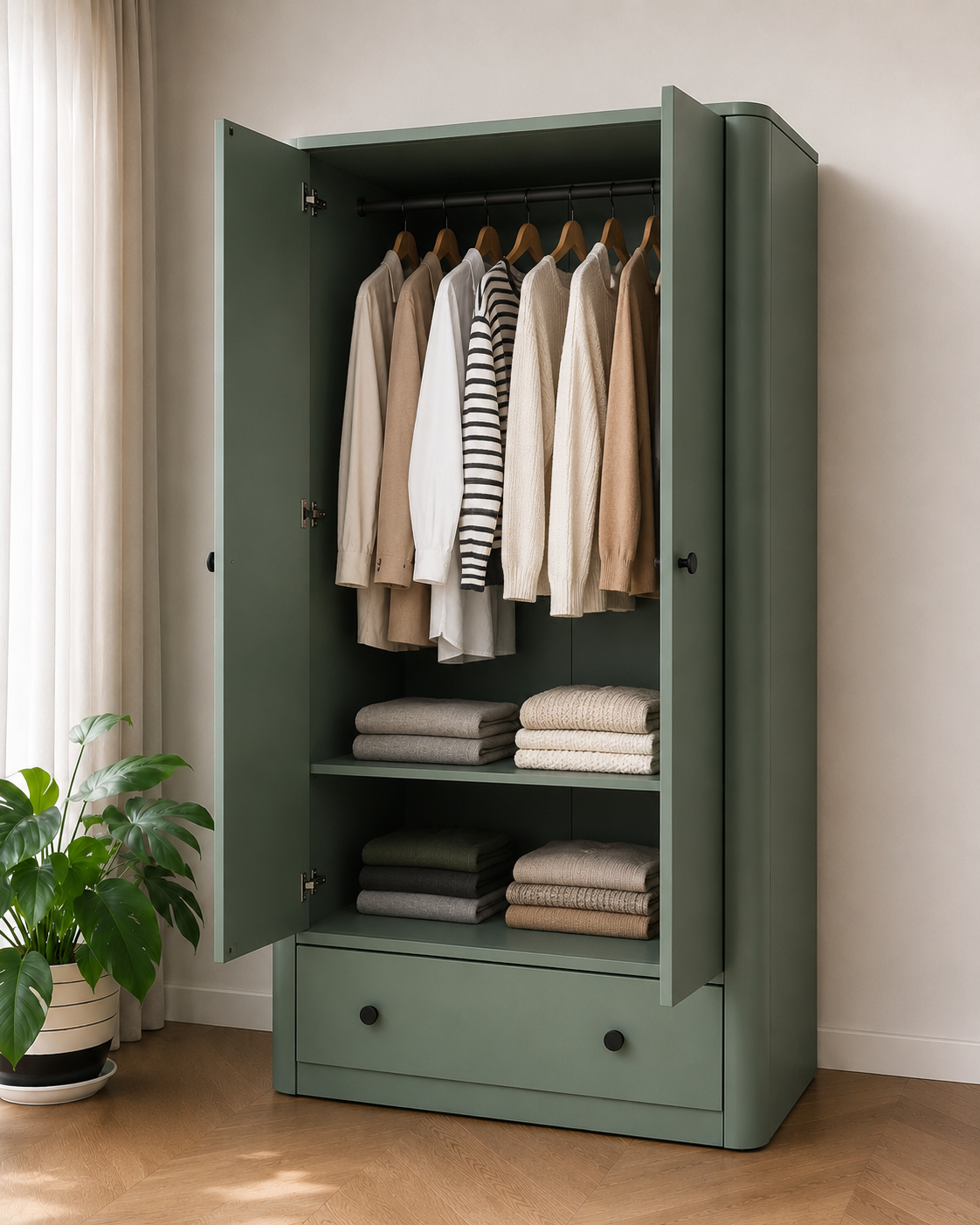  HAPPY FURNITURE , Tủ quần áo bo cạnh 2 cửa mở - SMOOTH, TCM_B_002 , 104cm x 54cm x 180cm DxRxC 