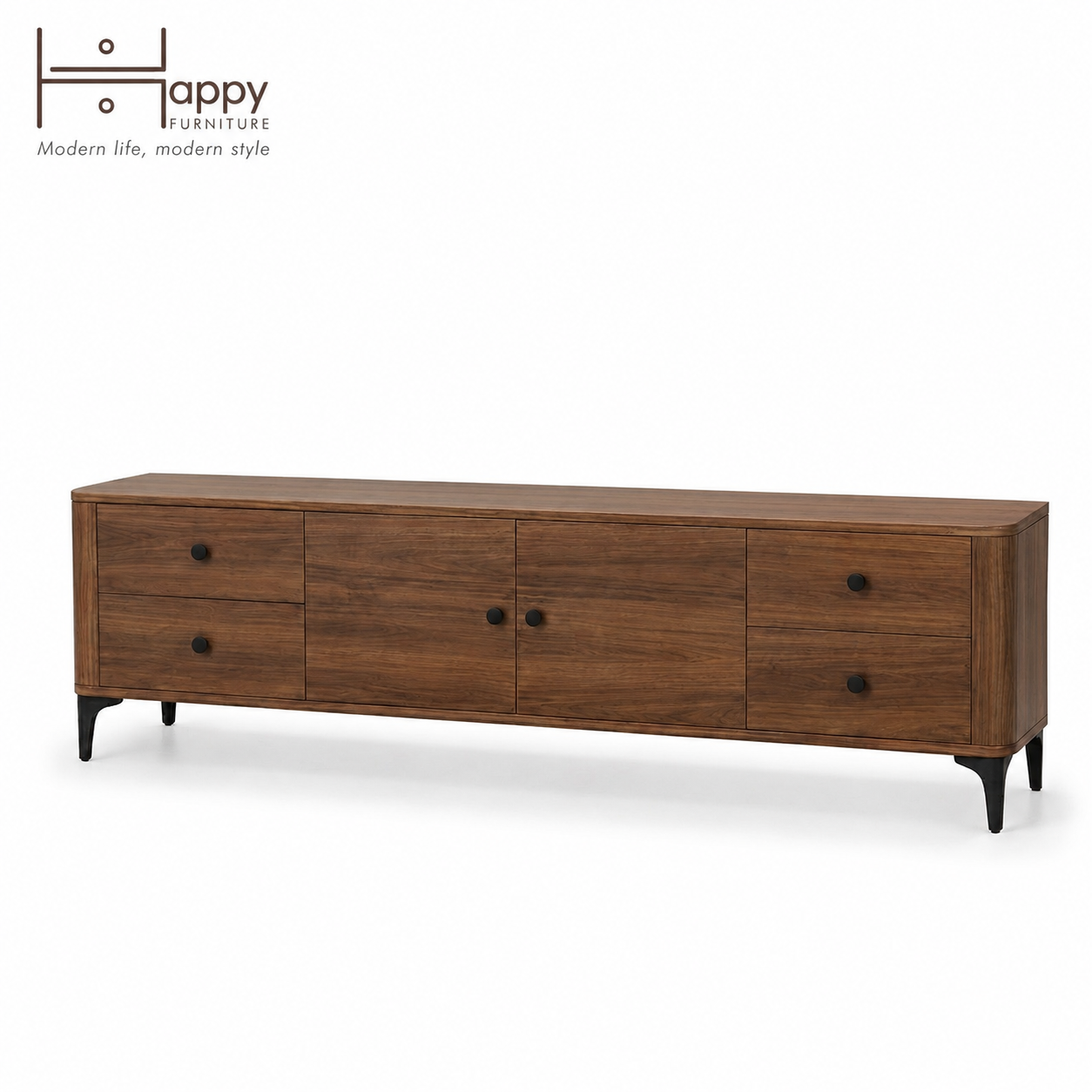  HAPPY FURNITURE , Kệ TV bo cạnh 2 cửa mở 4 ngăn kéo - SMOOTH, KTV_B_001 , 194cm x 40cm x 50cm DxRxC 