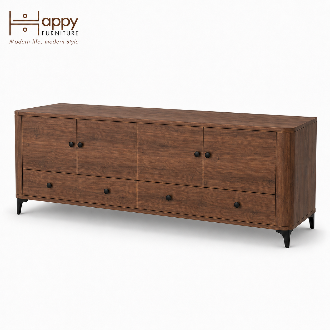  HAPPY FURNITURE , Kệ TV bo cạnh 4 cửa mở 2 ngăn kéo - SMOOTH, KTV_B_002 , 174cm x 40cm x 60cm DxRxC 