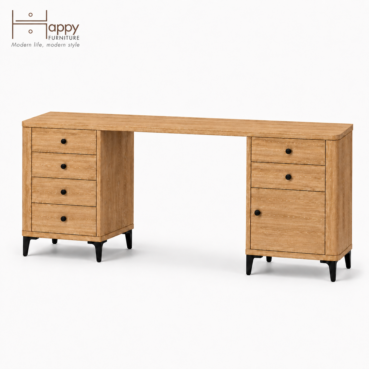  HAPPY FURNITURE , Bàn làm việc bo cạnh 6 ngăn kéo 1 cửa mở - SMOOTH, BAN_B_001 , 180cm x 55cm x 76cm DxRxC 