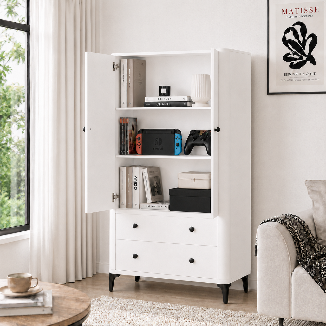  HAPPY FURNITURE , Tủ lưu trữ bo cạnh 2 ngăn kéo 2 cửa mở - SMOOTH, TCM_B_005 , 84cm x 41cm x 153cm DxRxC 