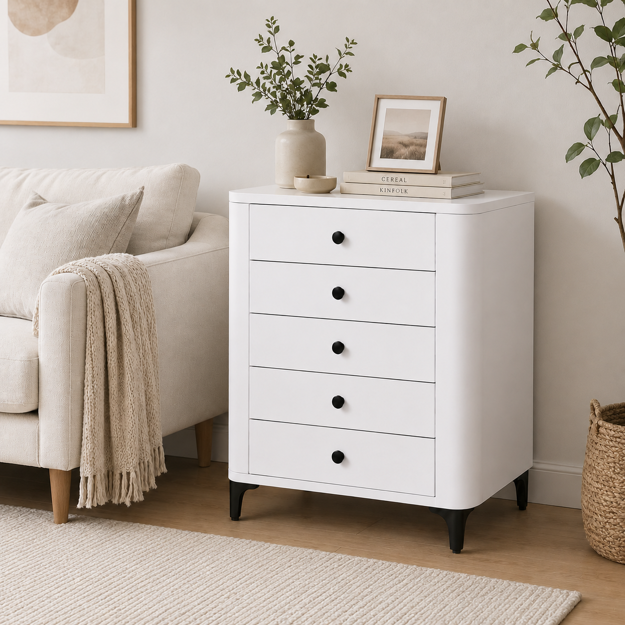  HAPPY FURNITURE , Tủ lưu trữ bo cạnh 5 ngăn kéo - SMOOTH, THK_B_005 , 64cm x 46cm x 90cm DxRxC 