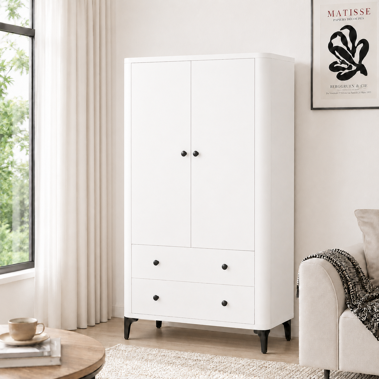  HAPPY FURNITURE , Tủ lưu trữ bo cạnh 2 ngăn kéo 2 cửa mở - SMOOTH, TCM_B_005 , 84cm x 41cm x 153cm DxRxC 