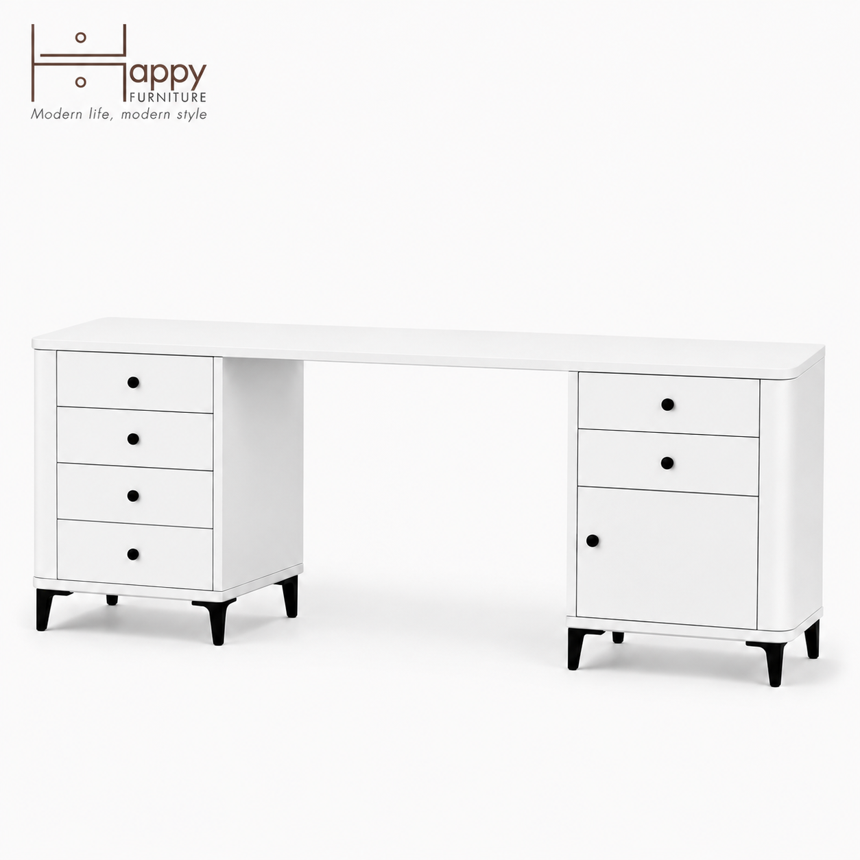  HAPPY FURNITURE , Bàn làm việc bo cạnh 6 ngăn kéo 1 cửa mở - SMOOTH, BAN_B_001 , 180cm x 55cm x 76cm DxRxC 
