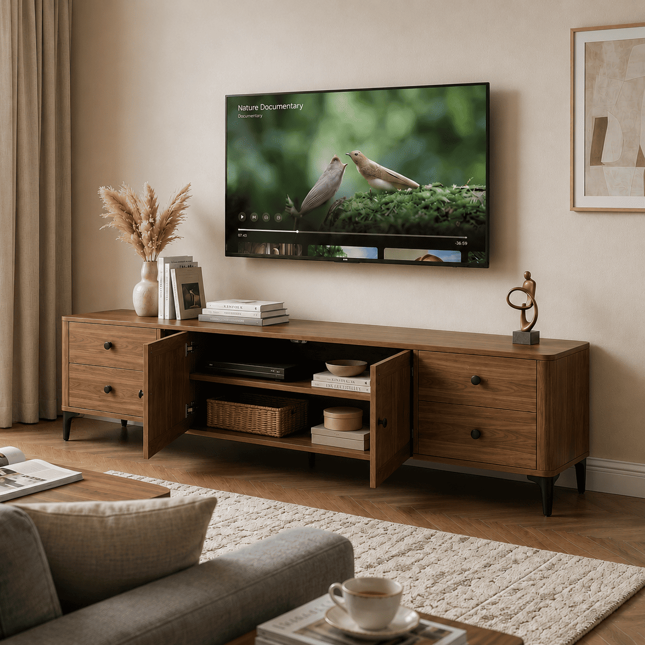 HAPPY FURNITURE , Kệ TV bo cạnh 2 cửa mở 4 ngăn kéo - SMOOTH, KTV_B_001 , 194cm x 40cm x 50cm DxRxC 