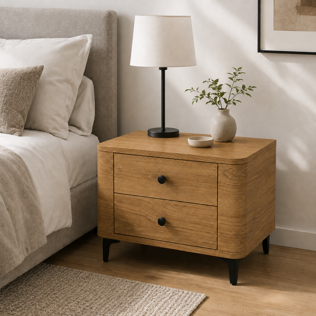  HAPPY FURNITURE , Táp đầu giường bo cạnh 2 ngăn kéo - SMOOTH, THK_B_001 , 57cm x 40cm x 47cm 