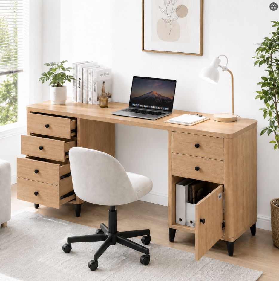  HAPPY FURNITURE , Bàn làm việc bo cạnh 6 ngăn kéo 1 cửa mở - SMOOTH, BAN_B_001 , 180cm x 55cm x 76cm DxRxC 
