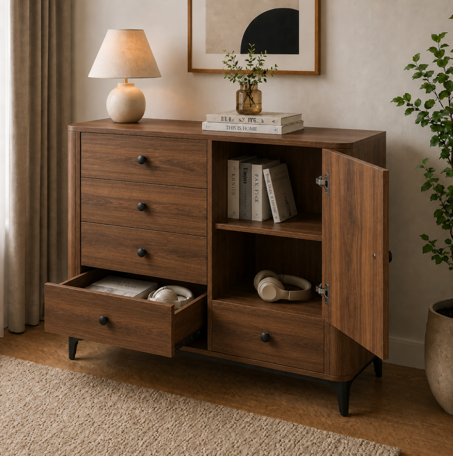  HAPPY FURNITURE , Tủ lưu trữ bo cạnh 5 ngăn kéo 1 cửa mở - SMOOTH, TCM_B_003 , 104cm x 41cm x 85cm 