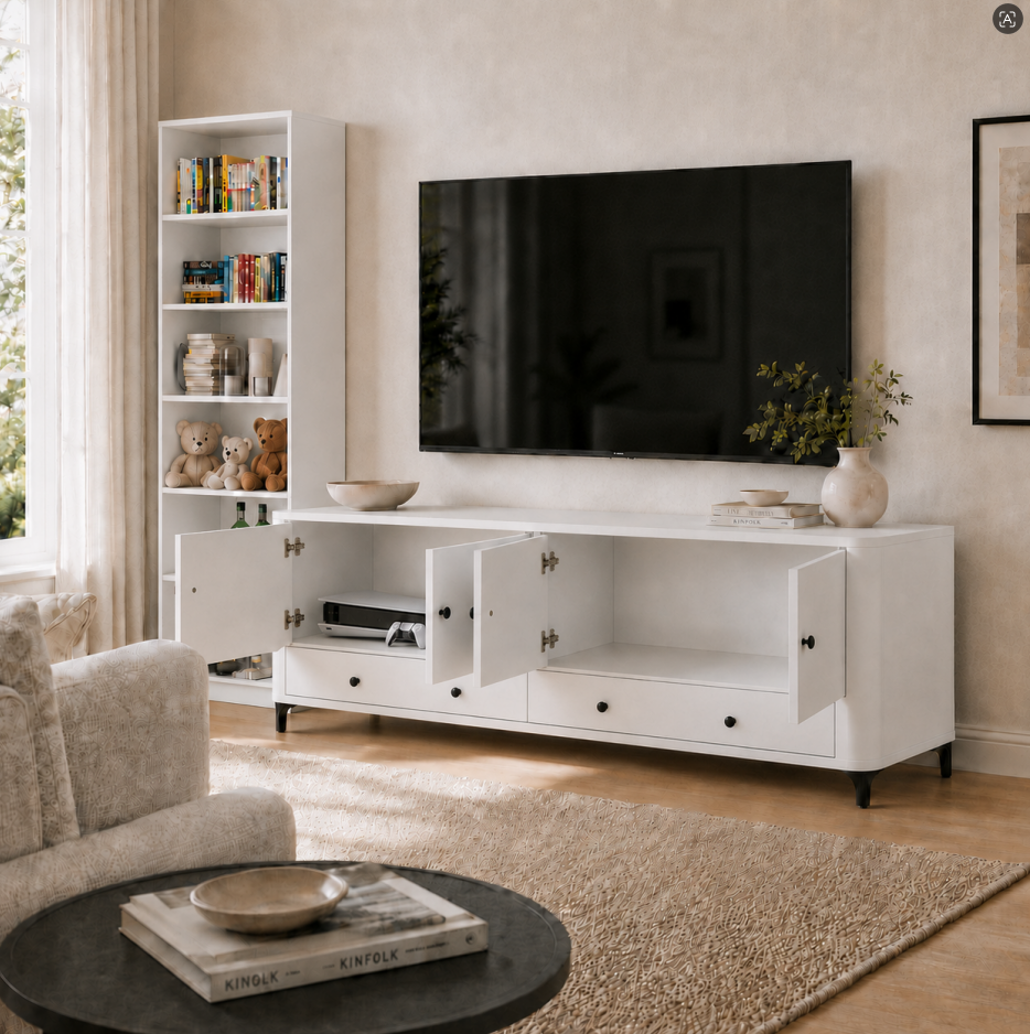  HAPPY FURNITURE , Kệ TV bo cạnh 4 cửa mở 2 ngăn kéo - SMOOTH, KTV_B_002 , 174cm x 40cm x 60cm DxRxC 
