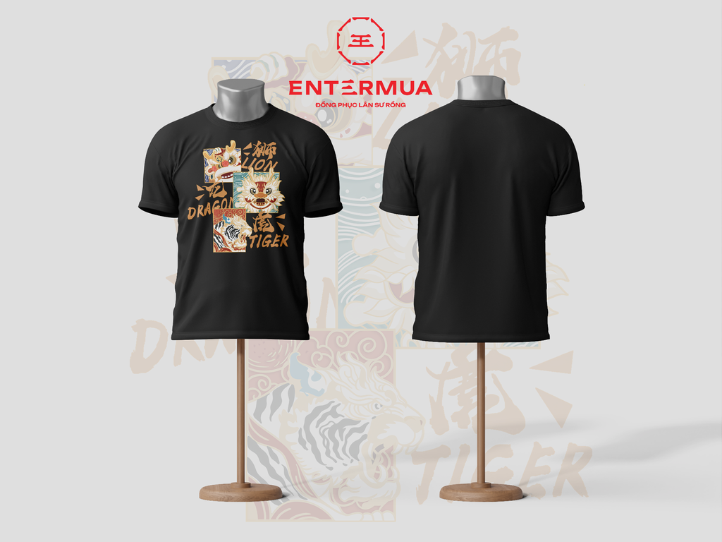 Áo thời trang lân sư rồng in pet - cotton trắng đen
