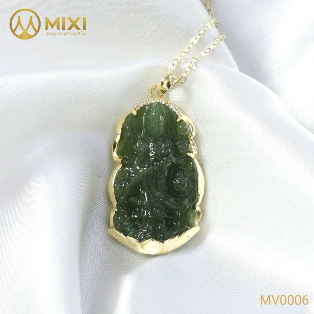Mặt Dây Phật Quan Âm Ngọc Bích Nephrite Myanmar Bọc Vàng 10k
